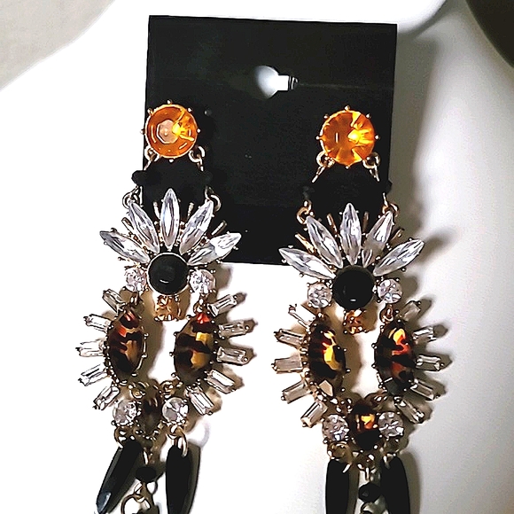 Vintage BETSEY JOHNSON Hollywood Glam Collection Tigers Eyes Chandelier Earrings - Picture 8 of 11
